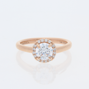 14 Karat Rose Gold Round Center Pavé Halo & Filigree Profile Plain Band Engagement Ring