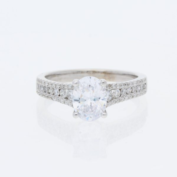 14 Karat White Gold Oval Center Pavé |Three Rows of Diamonds & Tapered Cathedral Diamond Band | Engagement Ring
