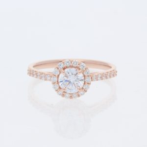 14 Karat Rose Gold Round Center Pavé Halo & Tapered Cathedral Plain Band Engagement Ring