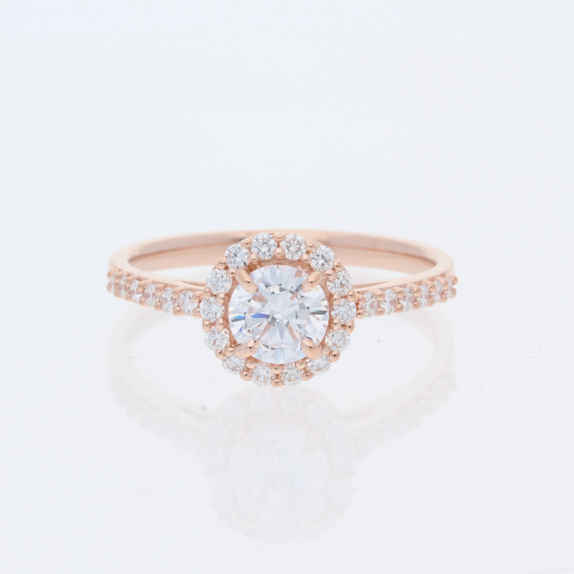 14 Karat Rose Gold Round Center Pavé Halo & Tapered Cathedral Plain Band Engagement Ring