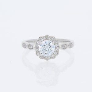 14 Karat White Gold Round Center Milgrain Petal Pavé Halo | & Milgrain Marquise Shape Diamond Band | Vintage Engagement Ring