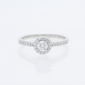 14 Karat White Gold Round Diamond Pavé Halo | & Tapered Cathedral Diamond Band | Engagement Ring