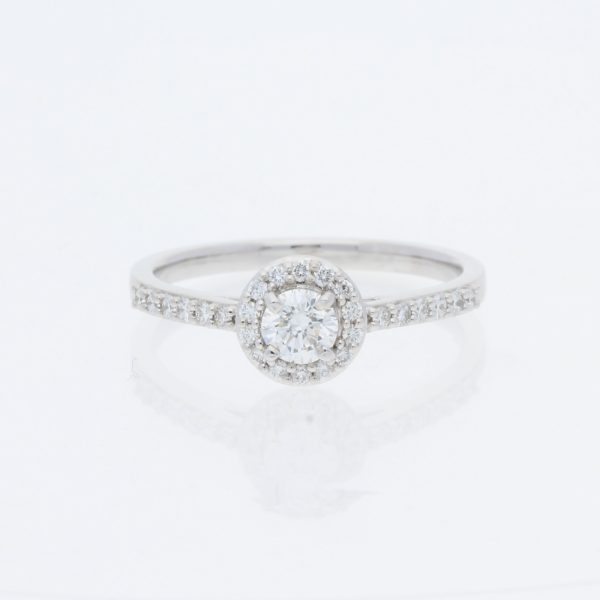 14 Karat White Gold Round Diamond Pavé Halo | & Tapered Cathedral Diamond Band | Engagement Ring