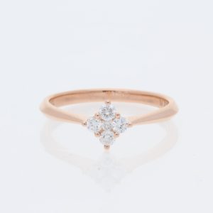 14 Karat Rose Gold Cluster Diamond Pavé |Clover Shaped Cluster & Tapered Plain Band | Vintage Engagement Ring