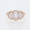 14 Karat Rose Gold Oval Center Three Stone Pavé Halo |Three-Stone Oval & Cathedral Plain Band | Engagement Ring