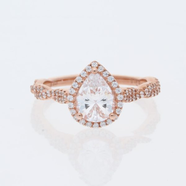 14 Karat Rose Gold Pear Center Pavé Halo | & Twisty Cathedral Diamond Band | Engagement Ring