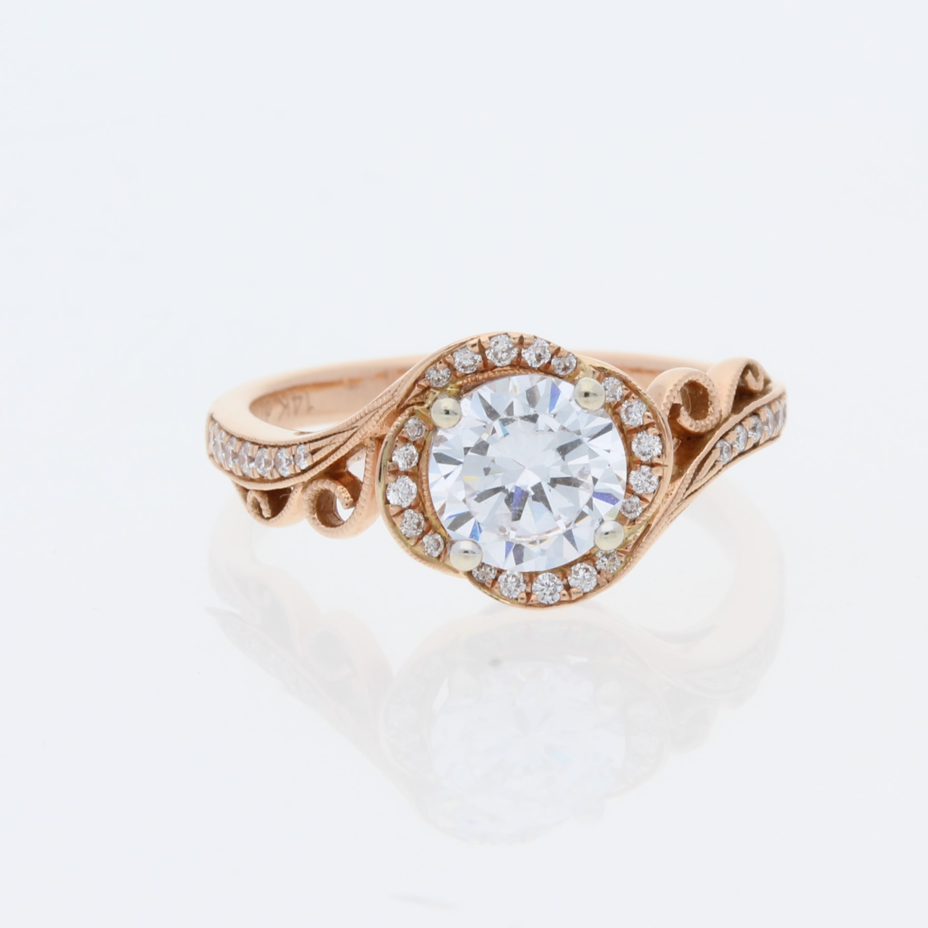14 Karat Rose Gold Round Center Petal Pavé Halo | & Faux Channel Bypass With Milgrain Filigree Diamond Band | Engagement Ring