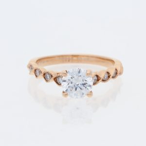 14 Karat Rose Gold Round Center Pavé Halo |Filigree And Peek-A-Boo Diamond & Milgrain Twisted Repeating Marquise Shap Diamond Band | Engagement Ring