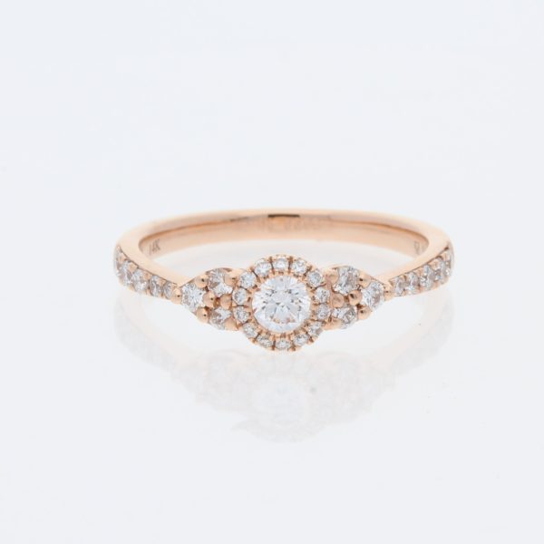 14 Karat Rose Gold Round Diamond Pavé Halo |Three Clustered Diamonds On Each Side of Center & Tapered Diamond Band | Engagement Ring