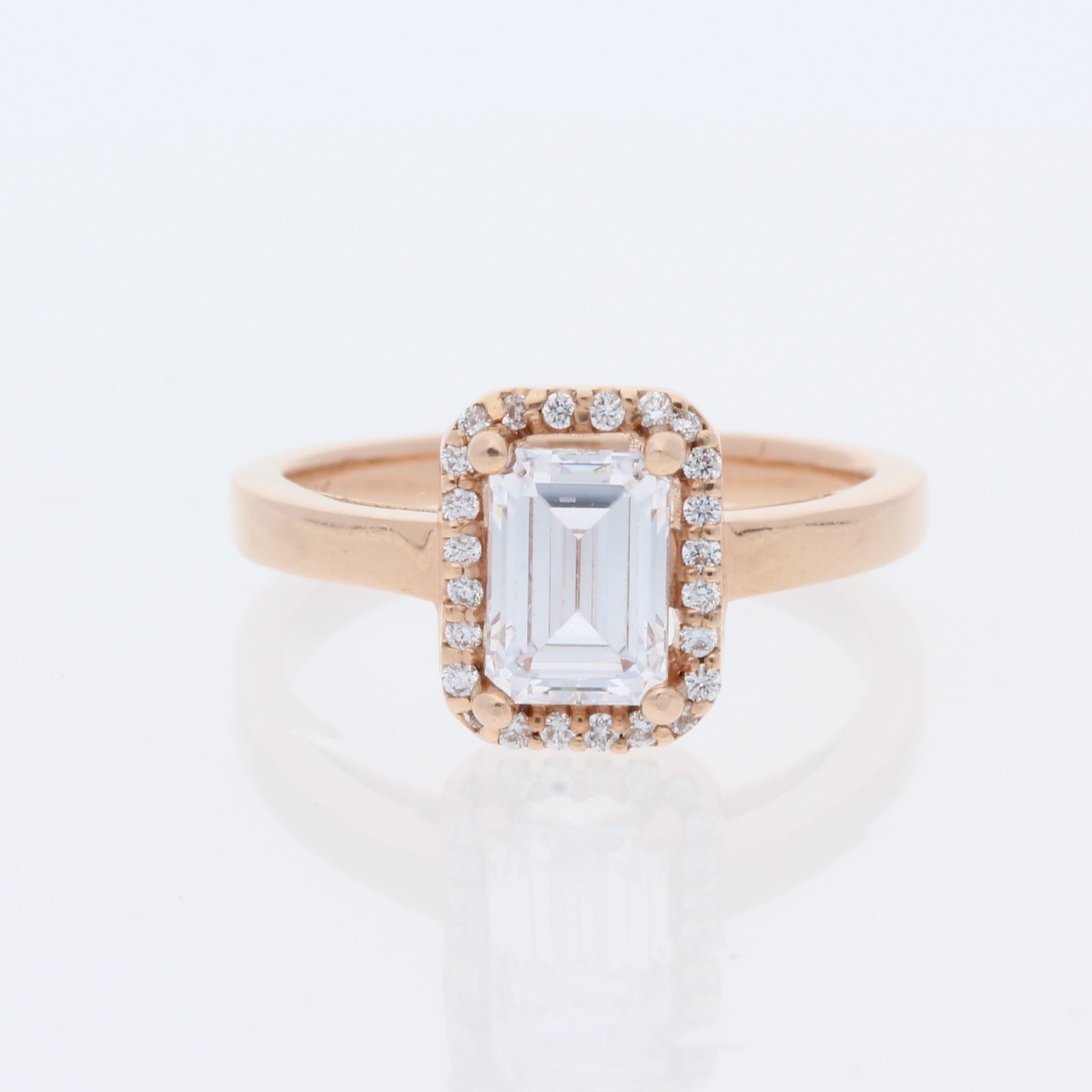 14 Karat Rose Gold Emerald Center Pavé Halo & Filigree Profile Plain Band Engagement Ring