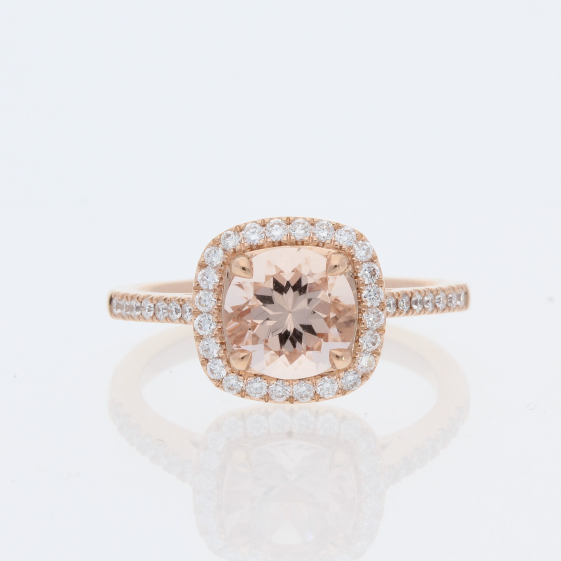 14 Karat Rose Gold Round Morganite Cushion Pavé Halo & Cathedral Diamond Band Engagement Ring
