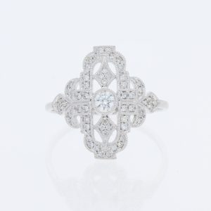 14 Karat White Gold Round Diamond Pavé |Milgrain Bezel & Milgrain Art Deco Plain Band | Engagement Ring