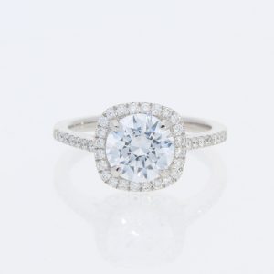 14 Karat White Gold Round Center Cushion Pavé Halo | & Tapered Cathedral Diamond Band | Engagement Ring