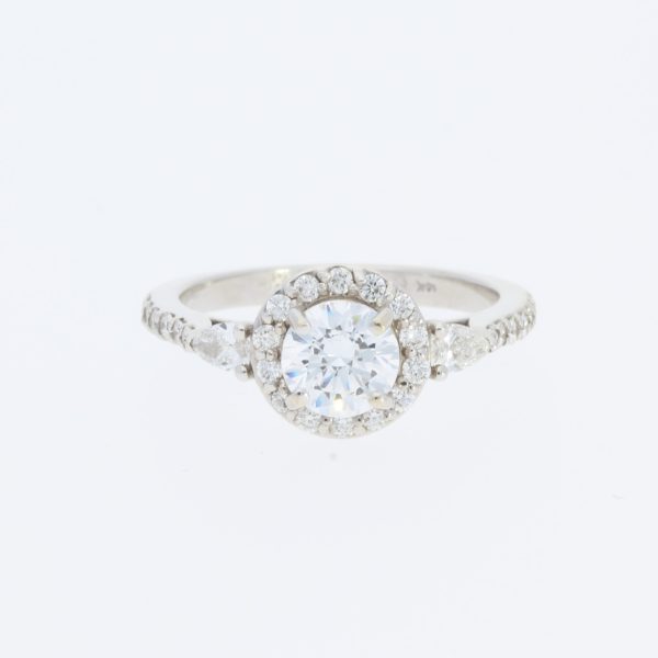14 Karat White Gold Round Center Pavé Halo |Cut-Out Under Center & Pear Diamond On Each Side Diamond Band | Engagement Ring