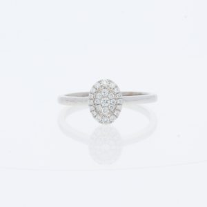14 Karat White Gold Oval Cluster Diamond Pavé Halo |Cut-Out Basket & Tapered Plain Band | Engagement Ring