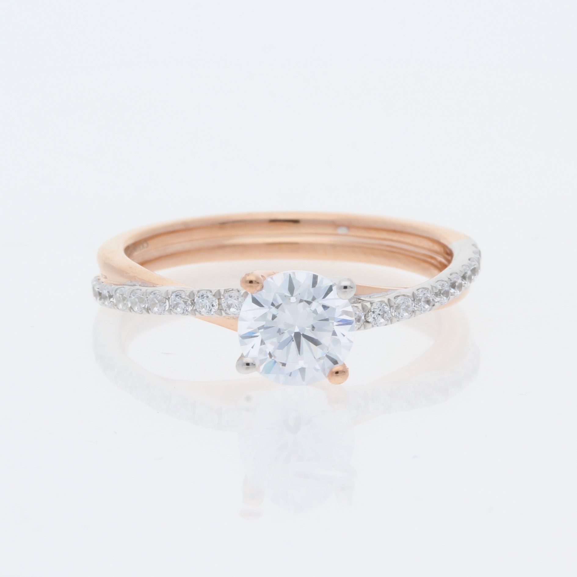 14 Karat Rose And White Gold Round Center Pavé Twisty Diamond Band Engagement Ring