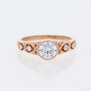14 Karat Rose Gold Round Center Pavé |Milgrain Bezel & Milgrain Loop and Round Shape Diamond Band | Vintage Engagement Ring