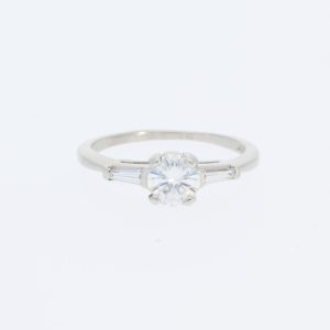 14 Karat White Gold Round Center Pavé |Three Stone With Baguettes & Diamond Band | Engagement Ring