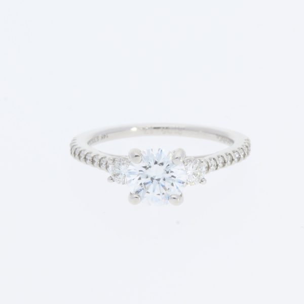 14 Karat White Gold Round Center Pavé |Three Stone With 6 Surprise Diamonds & Tapered Diamond Band | Engagement Ring
