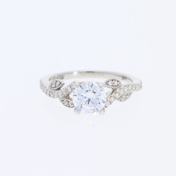 14 Karat White Gold Round Center Pavé | & Milgrain Twisty Leaf Diamond Band | Vintage Engagement Ring