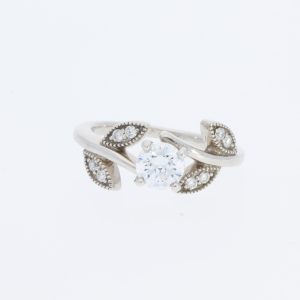 14 Karat White Gold Round Center Pavé | & Milgrain Leaf With Small Diamonds Diamond Band | Vintage Engagement Ring