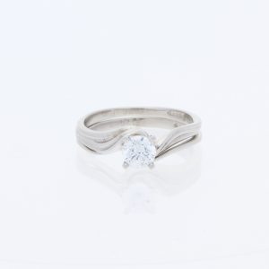 14 Karat White Gold Round Center Pavé | & 3 Tierd Engraved Bypass With Tracer Plain Band | Engagement Ring