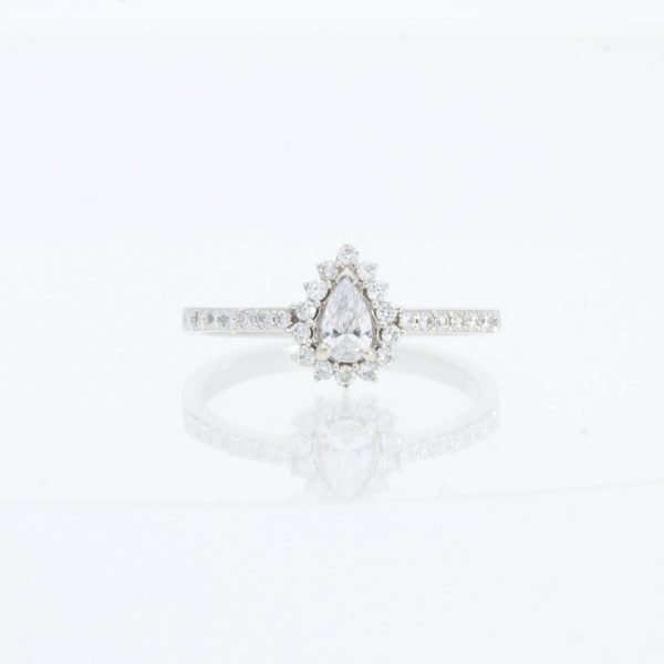 14 Karat White Gold Pear Center Starburst Pavé Halo | &Channel Tapered Diamond Band | Vintage Engagement Ring