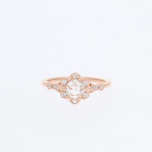 14 Karat Rose Gold Round Rose Cut Diamond Floral Pavé Milgrain Pavé Halo Engagement Ring