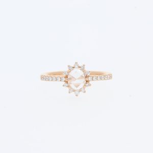 14 Karat Rose Gold Oval Rose Cut Diamond Starburst Pave Halo | & Tapered Diamond Band | Engagement Ring