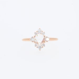 14 Karat Rose Gold Round Rose Cut Diamond Starburst Pave Halo |North/South 3 Diamond Cluster And East/West 1 Diamond On Each Side Engagement Ring