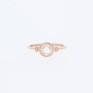 14 Karat Rose Gold Round Rose Cut Diamond |Milgrain Bezel & Milgrain Princess On Point Shape Engagement Ring