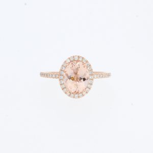 14 Karat Rose Gold Oval Morganite Pave Halo | & Diamond Band | Engagement Ring