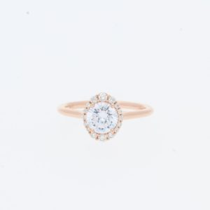 14 Karat Rose Gold Round Center Oval Pave Halo | & Cathedral Plain Band | Engagement Ring