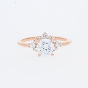 14 Karat Rose Gold Round Center Half Asymmetrical Starburst Pave Halo | & Tapered Plain Band | Vintage Engagement Ring