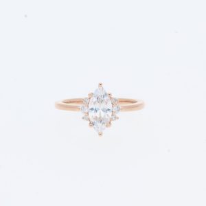14 Karat Rose Gold Marquise Center Pave |3 Vertical Diamonds On Each Side & Tapered Plain Band | Vintage Engagement Ring