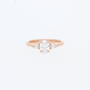 14 Karat Rose Gold Oval Center Pave |Three Stone & Tapered Plain Band | Engagement Ring