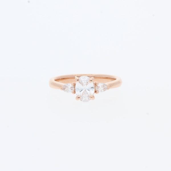 14 Karat Rose Gold Oval Center Pave |Three Stone & Tapered Plain Band | Engagement Ring