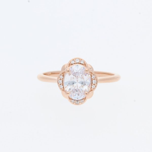 14 Karat Rose Gold Oval Center Scallop Petal Halo Pave Halo | & Tapered Plain Band | Vintage Engagement Ring