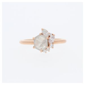 14 Karat Rose Gold Hexagon Grey Rustic Diamond Half Marquise/Round Pave Halo | & Plain Band | Engagement Ring